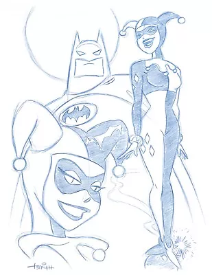 Batman And Harley Quinn Convention Blue Line Sketch By Animator - Art Drawing • $76.43