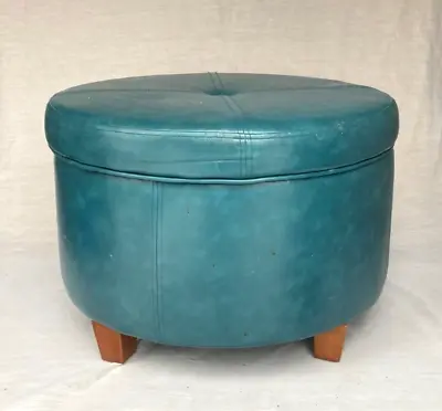 Vintage MCM Round Ottoman Hassock Foot Stool With Storage Blue 24  • $79.99
