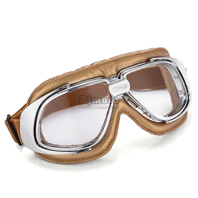 Vintage Motorcycle Leather Goggles Anti-Fog Clear Lens Glasses For Harley • $15.20