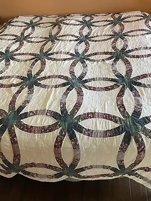 Vintage Double Wedding Ring Quilt Full 102x80 Florals With White Backing • $55