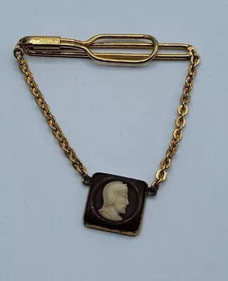 Vintage SWANK Guard Tie Clip Mid Century Cameo Gold Tone Tie Clip With Chain  • $8.40