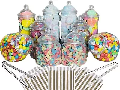 Candy 10 Plastic Sweet Jars 5 Styles 2 Tongs 50 Bags Buffet Gold Stripe Bags • £19.65