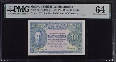 Malaya British Administration 10 Cents 1941 ND 1945 P 8 A Choice UNC PMG 64 • $99.99