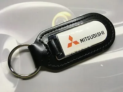 Black Leather Key Fob Printed Mitsubishi Logo Keyring Shogun Mirage Pajero Strad • $7.41