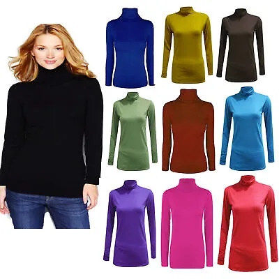 Womens Ladies Polo Neck Turtle Roll High Neck Jumper Party Tops Size 8-24 • £5.95