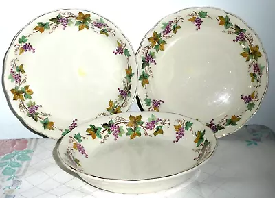 3 Cream Petal Grindley England Round Bowls Grapes & Leaves Around Gold Rims 20cm • $28