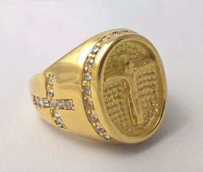 $70 • Buy G-Filled 18k Yellow Gold Jesus Mens Ring Simulated Diamond Cross Christ Crucifix