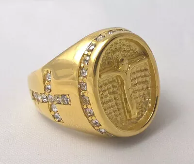 $35 • Buy G-Filled 18k Yellow Gold Jesus Mens Ring Simulated Diamond Cross Christ Crucifix
