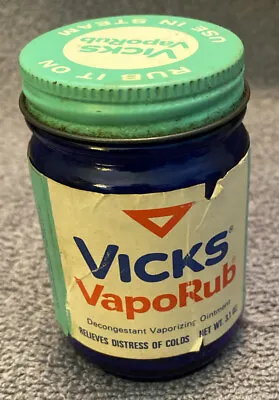 Vintage Vicks VapoRub Cobalt Blue Glass Jar Green/White Metal Lid 3.1 Oz • $7.50