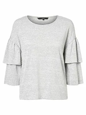 VERO MODA Women's Natural 3/4 Ruffle Sleeve Knit Top Light Grey Medium • $22.37