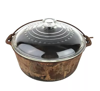 Vintage Cast Iron Dutch Oven Pot With Bail Handle Made In USA 5 Qt W/ Glass Lid • $39.99