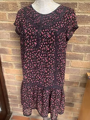 Ladies La Redoute Pink Black Summery Floral Dress Size 14 Lined READ DESCRIPTION • $5.04