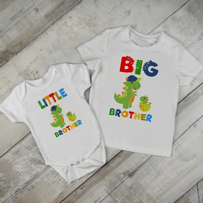 Dinosaur Little Brother Baby Bodysuit Big Brother T-shirt Set 100% Cotton • £8.34