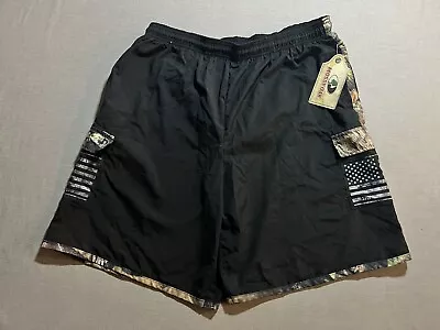 Mossy Oak Swim Trunks XXL Black Camo Drawstring Mesh Lined Flag Cargo Pockets • $14.80