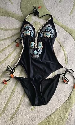 River Island Black One Piece Embroidered Beaded Swimsuit Cut Out Size Uk 16 • £6.50