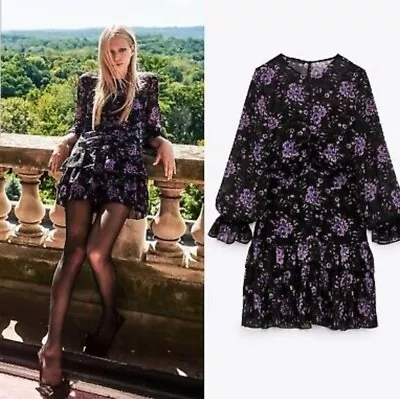 NWOT Zara Floral Print Chiffon Gathered Ruffle Salsa Mini Dress Missing Button • $24.99