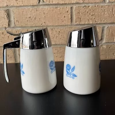 Vintage Sugar & Creamer Dispenser's Inc Dripout Server Milk Glass/Blue Flower • $29.95