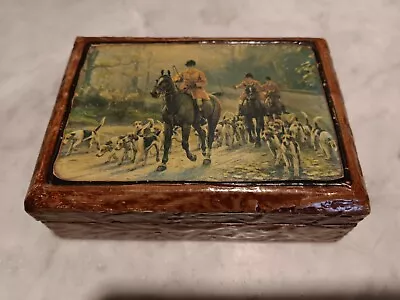 Vintage Wooden Trinket Box W Lid Equestrian Hunting With Hound Dogs Decoupage • $12.95