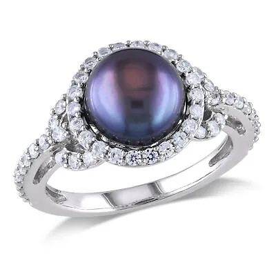 Amour Sterling Silver Cultured Black Pearl And Cubic Zirconia Ring • $52