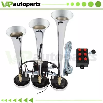 By Wired Remote Loud Chrome Plated Triple Trumpet 6 Tune Musical Air Horn 12V • $78.99