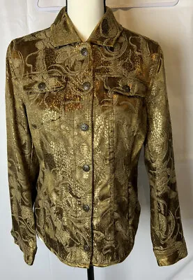 $15.40 • Buy Chicos Womens 1-size 8 Gold Shirt Jacket Multiple Pockets Button Front (2497)