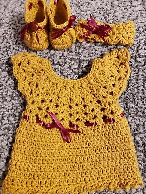 Golden Crochet Baby Dress Set For Preemie/Newborn  • $23.99