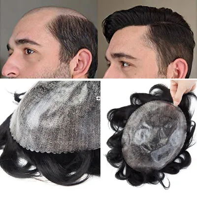 Mens Toupee Human Hair Replacement System V-loop Thin Skin Natural Pieces 8x10in • £210.18