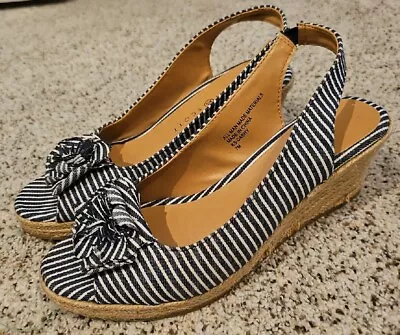 Karen Scott Sandals 7M Rope Wedge 2.5  Heel Blue White Stripes Flower Open Toe • $13.55