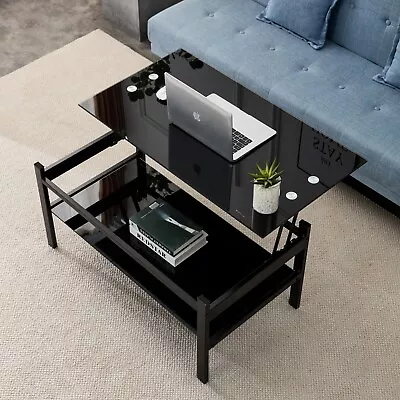 Glass Lift Top Coffee Table Modern Simple 2-Layer Tempered Glass Coffee Table • $148.99