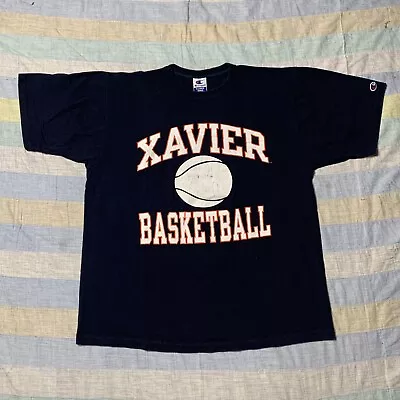 Sz XL- Vintage 90’s Champion Xavier Basketball Spell-out Shirt Men’s Blue - USA! • $13