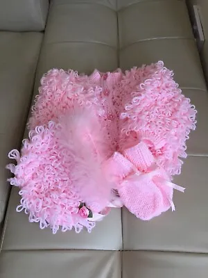 Hand Knitted Baby Girls Loopy Cardigan Hat And Mittens In Pink Size 0-6 Mths • £16.50