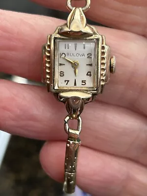 Vintage Gold Ladies Bulova Watch Wind Up Stretch Gold Band 1955? Works Great • $30