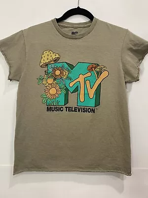 MTV Shirt Women’s Small Green Music Television Mushrooms  Print 100% Cotton Top • £9.17