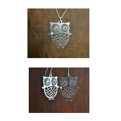 Beautiful Laser Cut Stainless Steel Owl Necklace Earrings Sterling Silver Chain  • $25