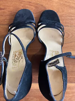 FERRAGAMO Black Suede Strappy Shoes Heels Sz 35 5 Leather • $225