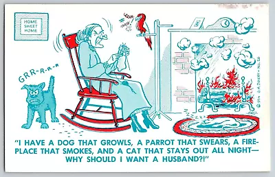 Vintage Postcard~ Grumpy Old Lady & Her Animals~ Why Should I Want A Husband • $4.95