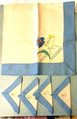 $17.95 • Buy MCM Vintage Card Table Size Tablecloth W/ 4 Napkins Handmade Linen Applique