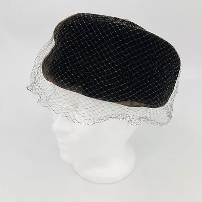 Womens Vintage Pillbox Hat Brown Velvet Veil Netting Chocolate Millinery CUTE • $15.46