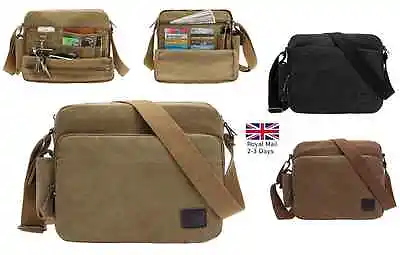 Men's Canvas Vintage School Satchel Messenger Military Shoulder Leather Bags • £13.29