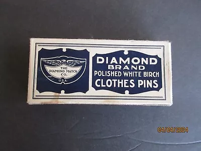 Vintage Cardboard Box Of 3 Diamond Brand Polished White Birch Clothes Pins • $10