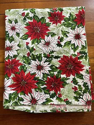 Vintage Mid Century 60’s 70’s Christmas Tablecloth Poinsettia  62” X 50” Holiday • $12.95