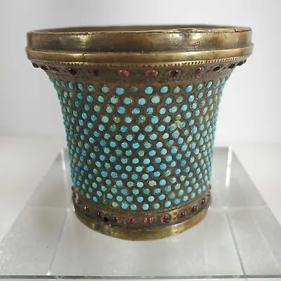 Fine 19th C Persian Qajar Inset Turquoise & Red Jeweled Brass Hookah Ghalian Cup • $270.74