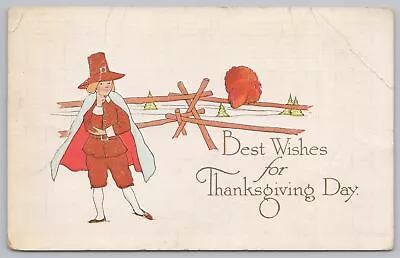 Holiday~Thanksgiving~Pilgrim In Yard~Turkey On Fence~Vintage Postcard • $2.80