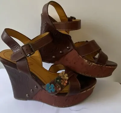 Miss Sixty 70s Style Platform Wedge Sandals Size 5 (38) Flowers Leather Embossed • £70