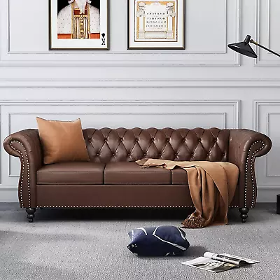 Leather Sofa Couch Living Room Furniture Three-seat Chesterfield Tufted Roll Arm • $814.95