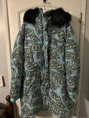 Adidas Originals X Jeremy Scott Money Print Parka Jacket Fur Blue AOP Men Sz XL • $159