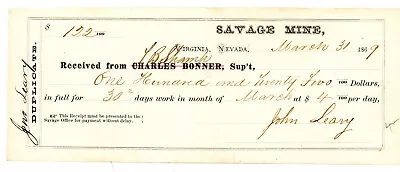 Mar 31 1869 Savage Mine Virginia (City) Nevada Receipt To Receive Mine Payment • $24.50