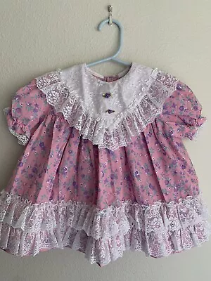 Vintage 24M Somersaults Pink Floral Lace Bib Dress Cottagecore Flower Baby Girl • $24.99