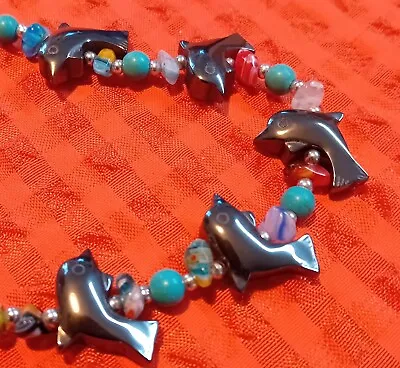 Dolphin Necklace Haematite Blue Howlite Agate Pieces Hematite • £3