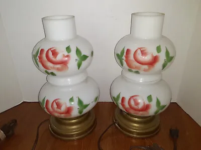 2 (1 Pair) Vintage Pink Rose Table Glass & Brass Bedroom Lamps 11  Tall • $39.88